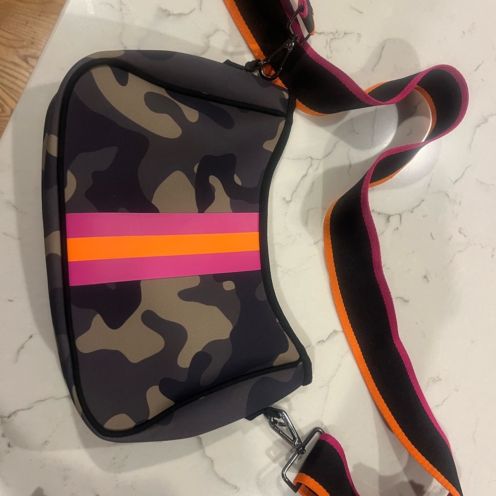 HAUTE SHORE Camouflage Crossbody Bag with Pink and Orange Stripes